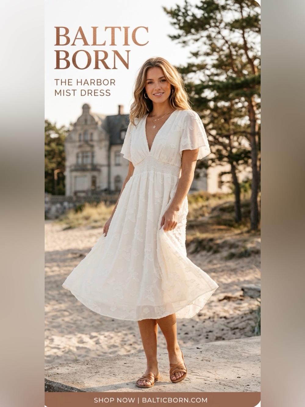 Baltic Born Ivory Midi Boho Dress with V-Neck and Flutter Sleeves ~ Size Large